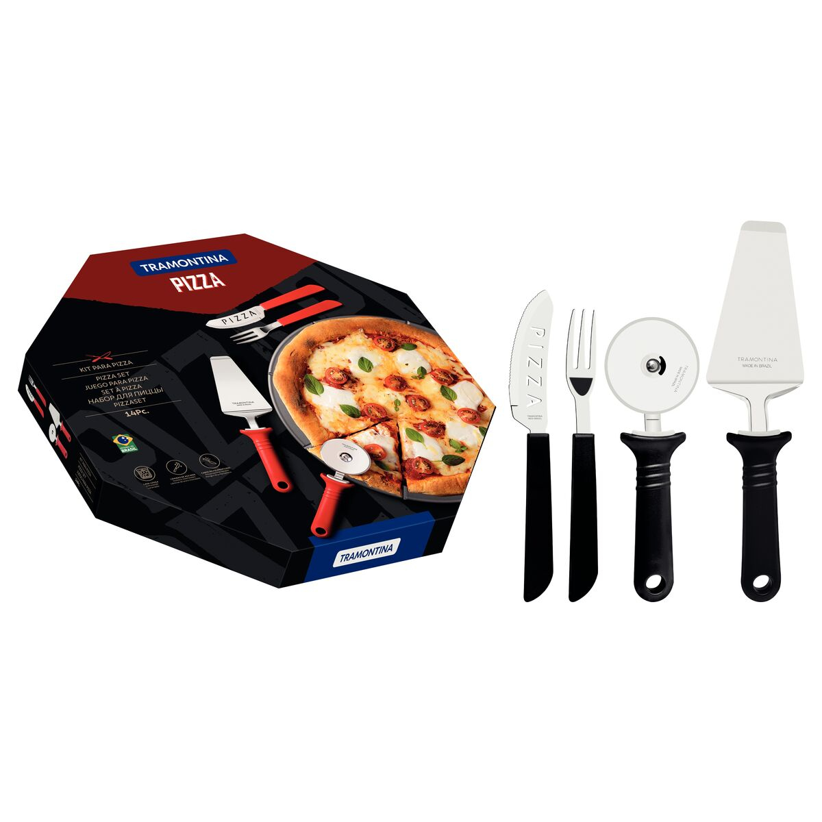 Tramontina 14-Piece Pizza Kit with Stainless-Steel Blades and Black Polypropylene Handles