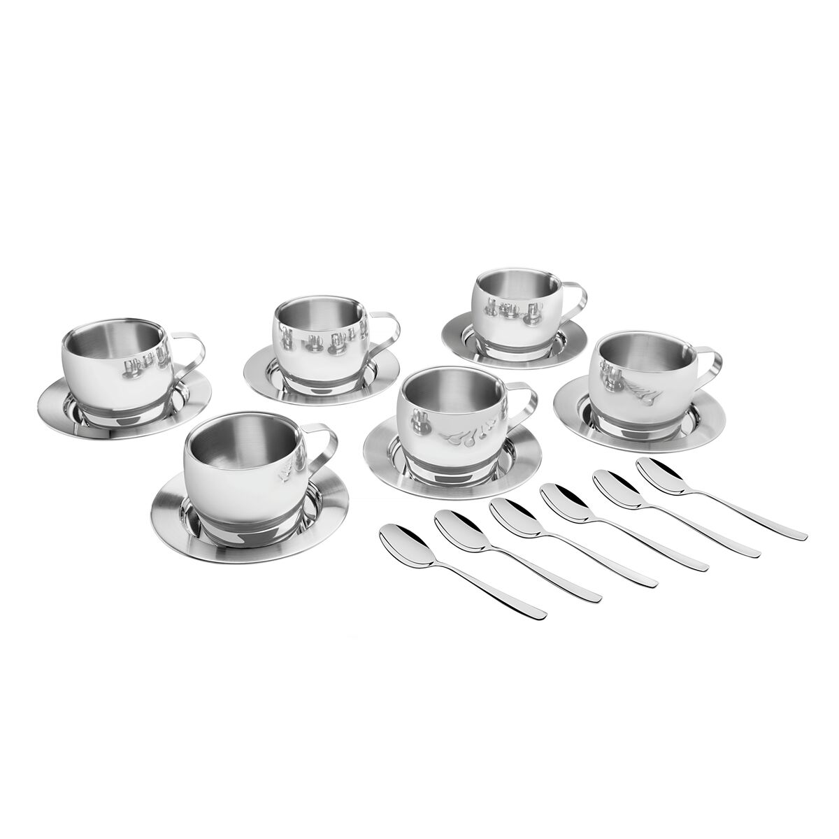 Tramontina glossy stainless steel tea and cappuccino set with cup, square saucer and spoon, 18 pieces