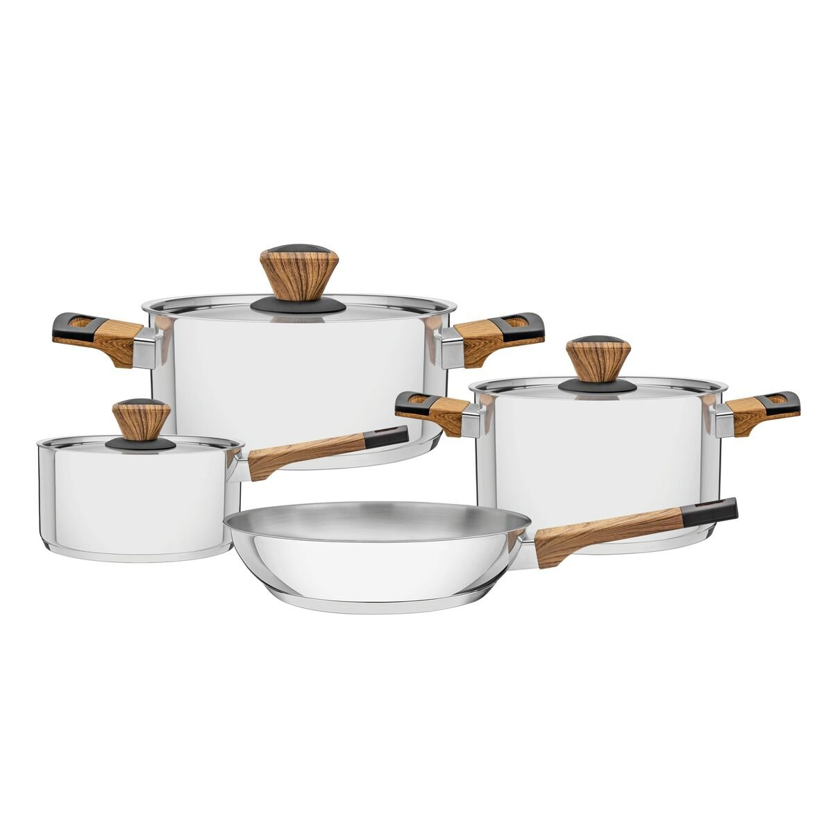 Tramontina Brava Bakelite stainless steel cookware set with tri-ply base and faux wood handles, 4 pc set