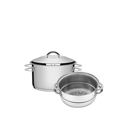 Tramontina Solar stainless steel couscous steamer set with tri-ply base and handles, 2 pc set, 16 cm