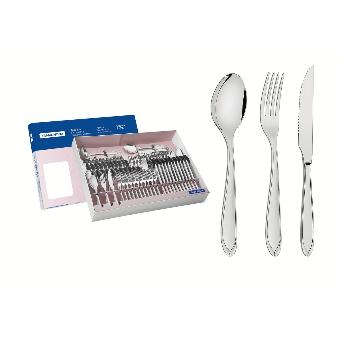 Tramontina Laguna stainless steel flatware set with steak knives, mirror finish and detailing on the handles, 91 pc set