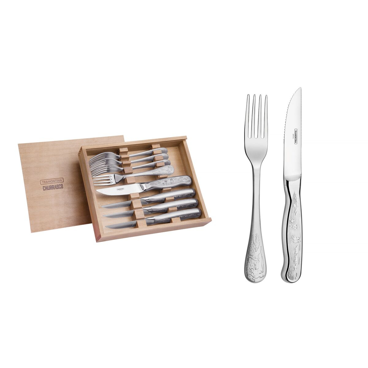 Tramontina Classic stainless steel barbecue set with wooden case and relief patterns on the handle, 8 pieces