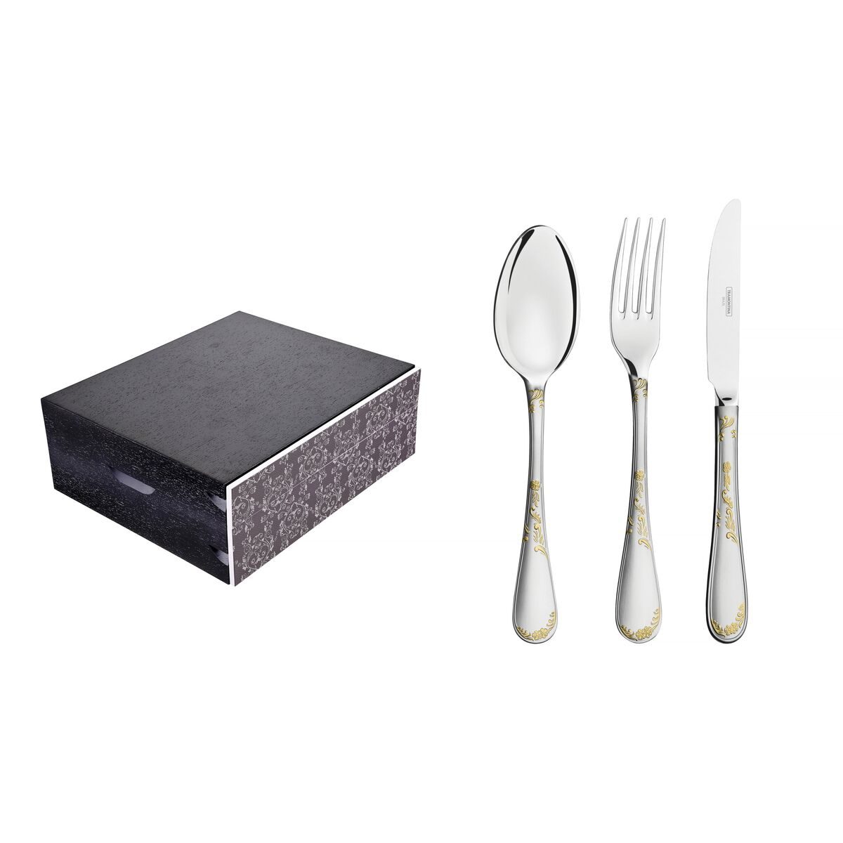Tramontina Renascença stainless steel flatware set with table knives, gold detailing, mirror and matte finish and wood case, 130 pc set
