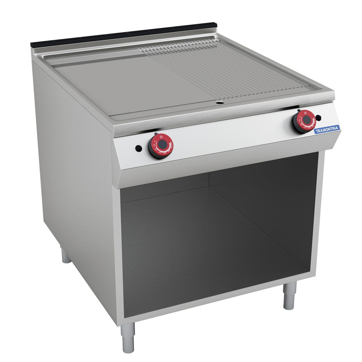 Gas Fry Top with smooth and ribbed chromium plate on open base 700x900mm
