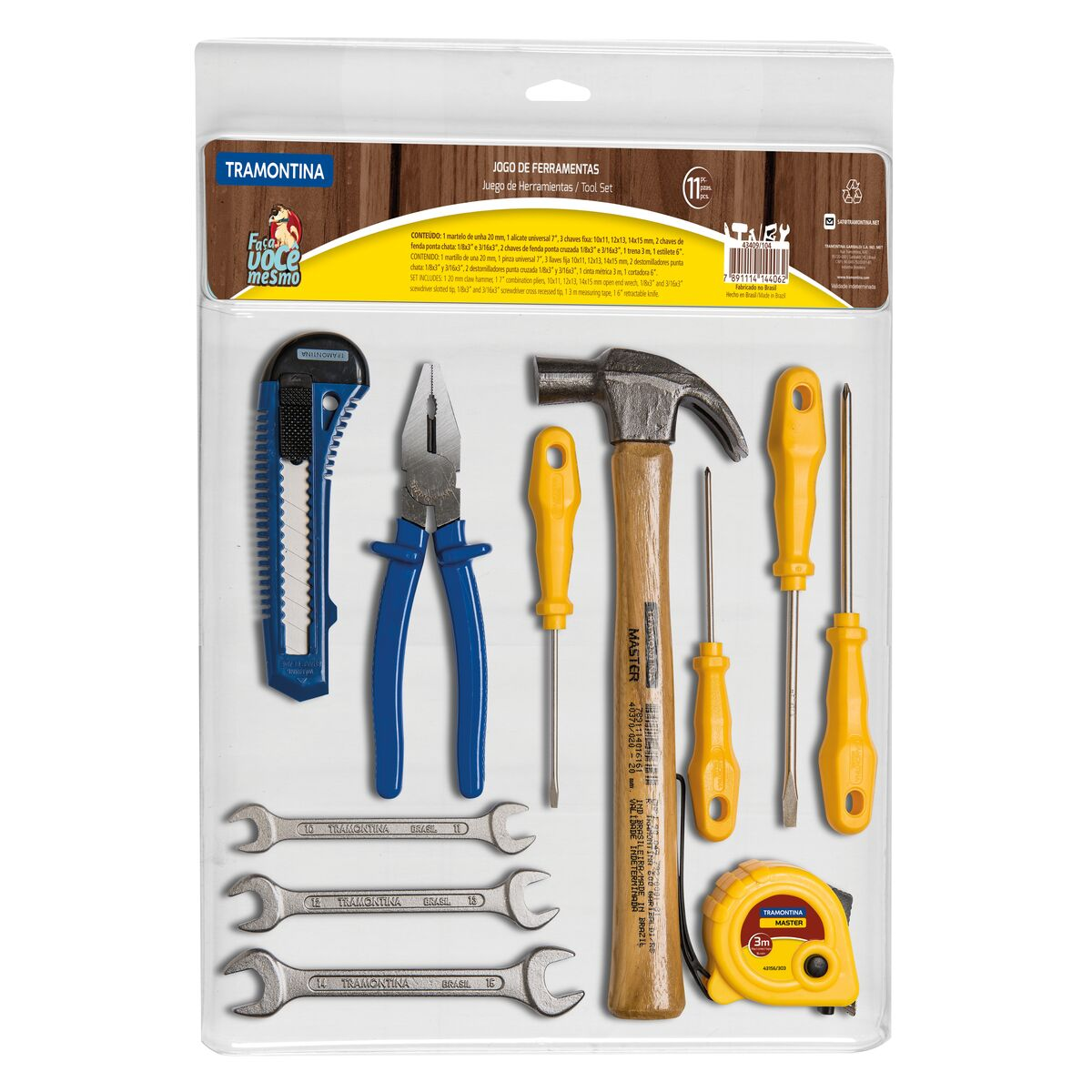 Tramontina tool kit with hammer, measuring tape, pliers, retractable knife, screwdrivers and open end wrenches, 11 pieces