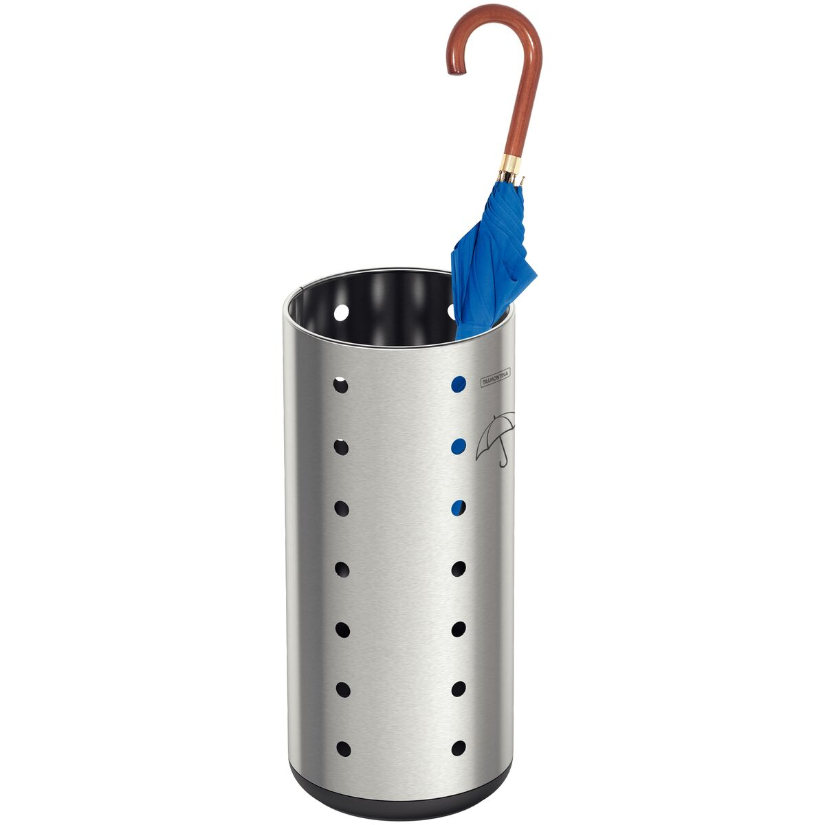 Tramontina 15L stainless steel umbrella stand with a Scotch-Brite finish and polypropylene internal container