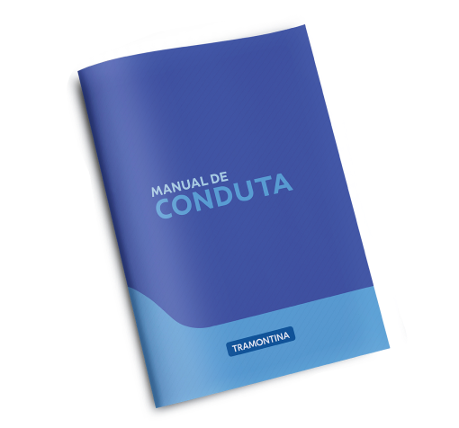 Manual em tons de azul escrito "Manual de Conduta". 