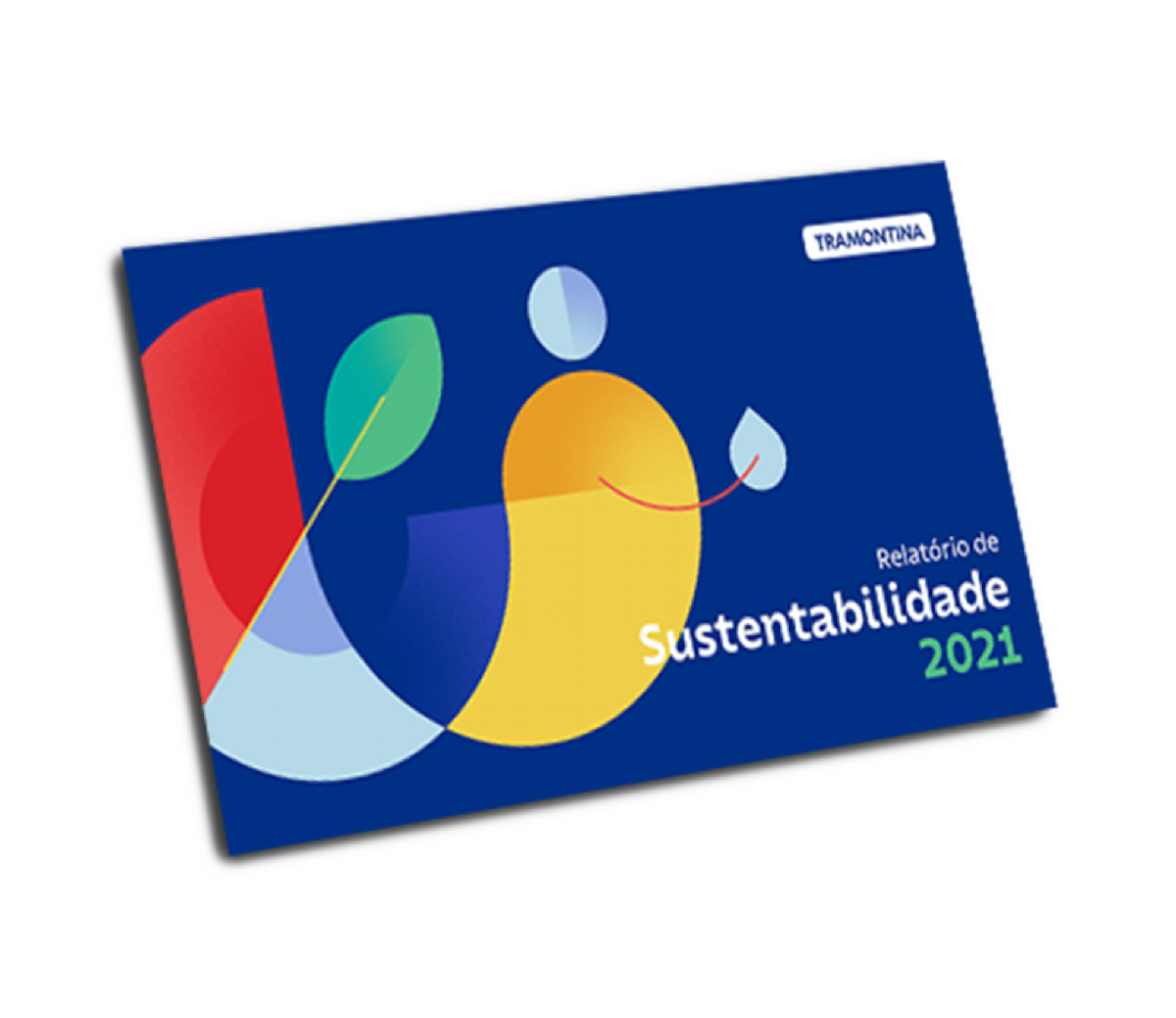 Manual com fundo azul e detalhes em amarelo, escrito "Relatório de Sustentabilidade 2021".